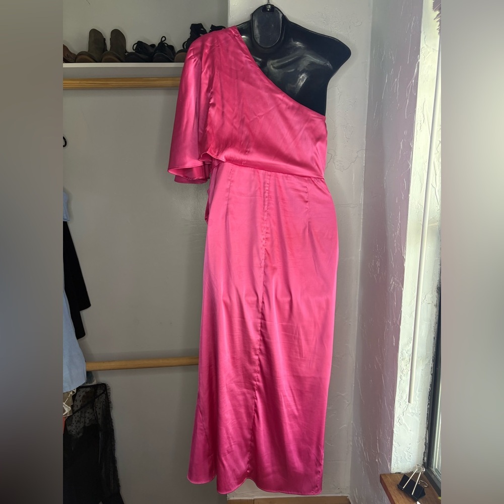 Anrabess One-Shoulder Fuchsia Satin Midi Dress sz M preloved - Picture 9 of 11